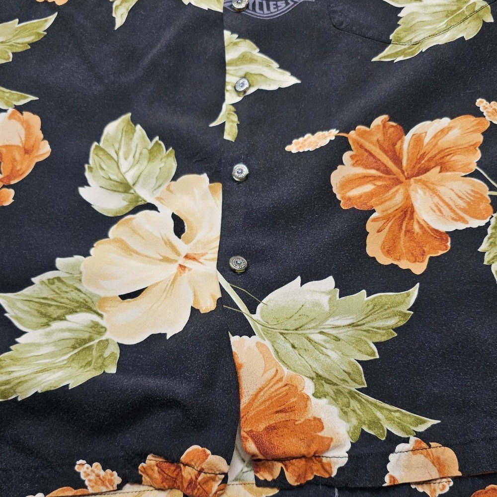 Harley Davidson Mens Black Hibiscus Floral Hawaiian Shirt Viscose Large USA Made - Picture 10 of 11